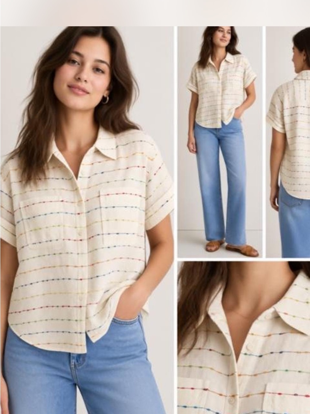 Madewell Cream Short-Sleeve Button-Down with Multicolor Stripe Stitching